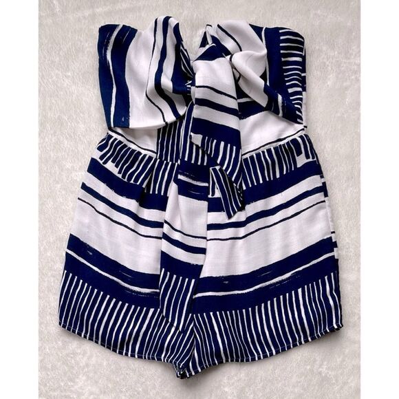 Lulus Delphi Blue and White Striped Tie-Front Strapless Romper, Size Small - Picture 10 of 16